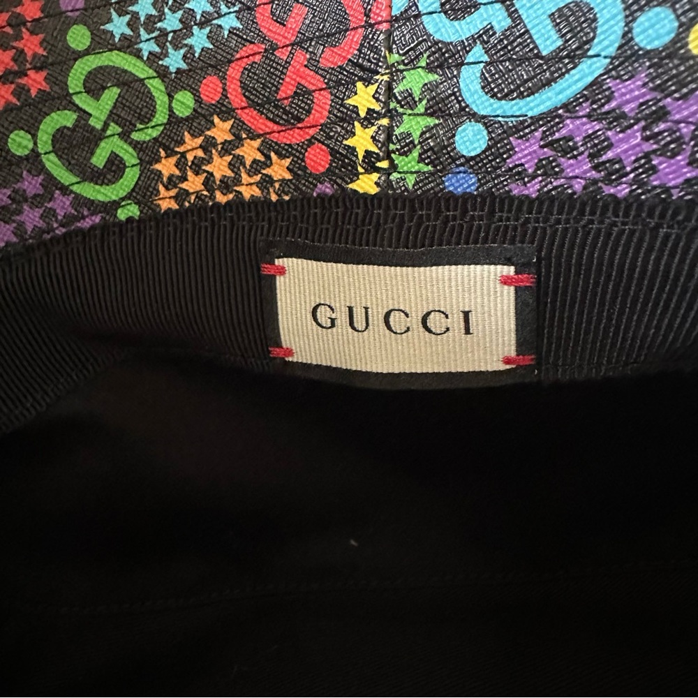NWT UNISEX Gucci PSYCHEDELIC Black Coated Canvas Fedora GG Star Print Hat - Picture 6 of 10